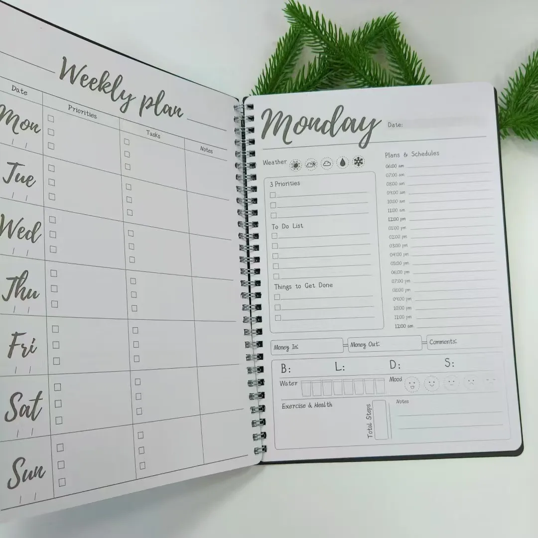 Cuaderno planificador diario y semanal sin fecha de 7 días: horario horario, lista de tareas, planificación de conciertos y fitness, para un tiempo eficiente Mana