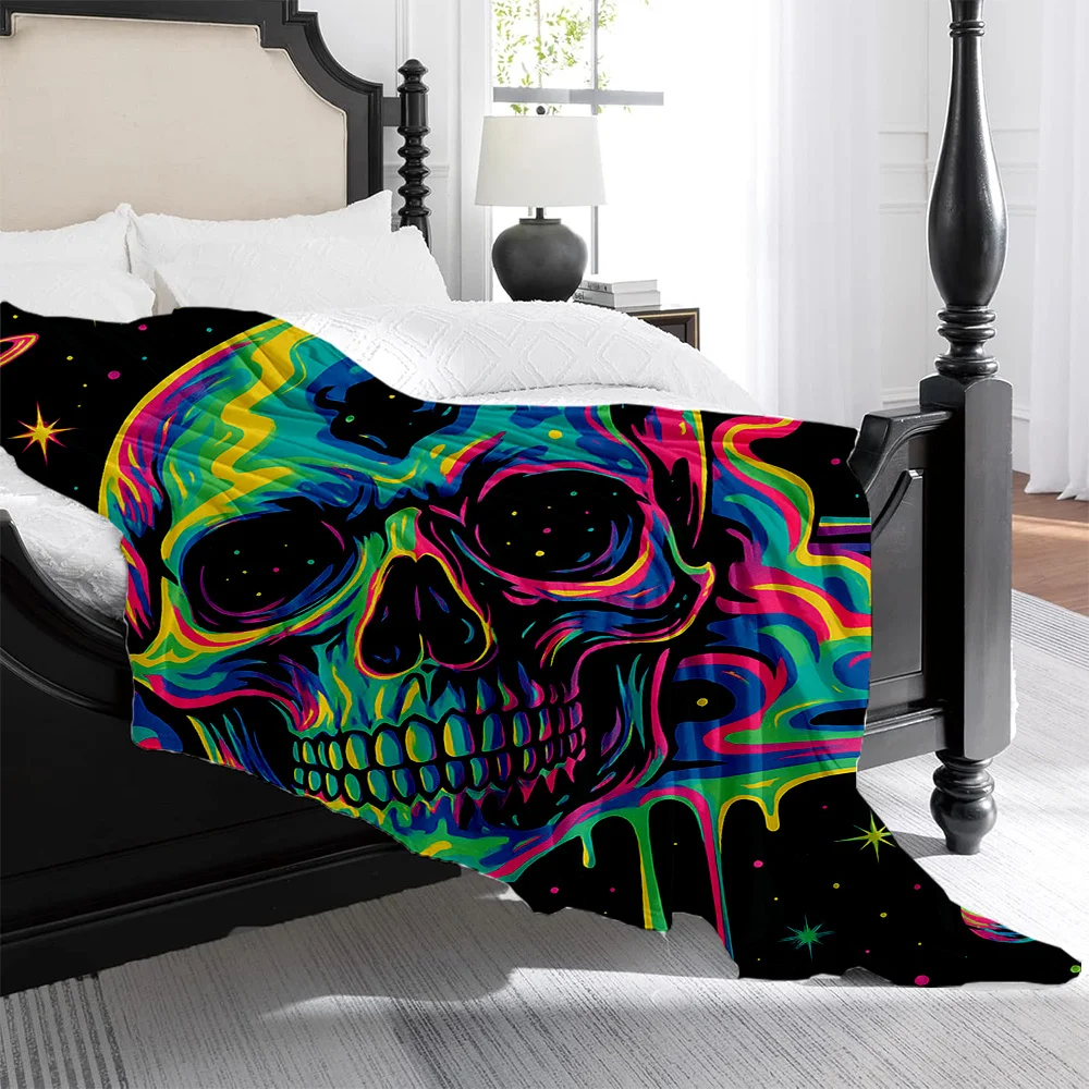 1pc Neon Glow-in-the-Dark Skull Throw Blanket - Heavyweight Flannel All-Season Soft Bedspread/ Couch Cover - Machine Washable Go