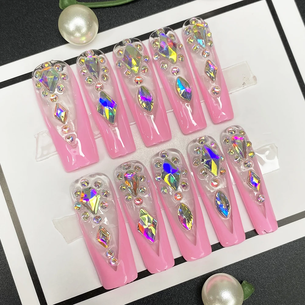 

Glamorous Custom Design Full Cover Glossy Artificial Press on Nails Coffin Handmade Rhinestone Handcrafted False Nails Art