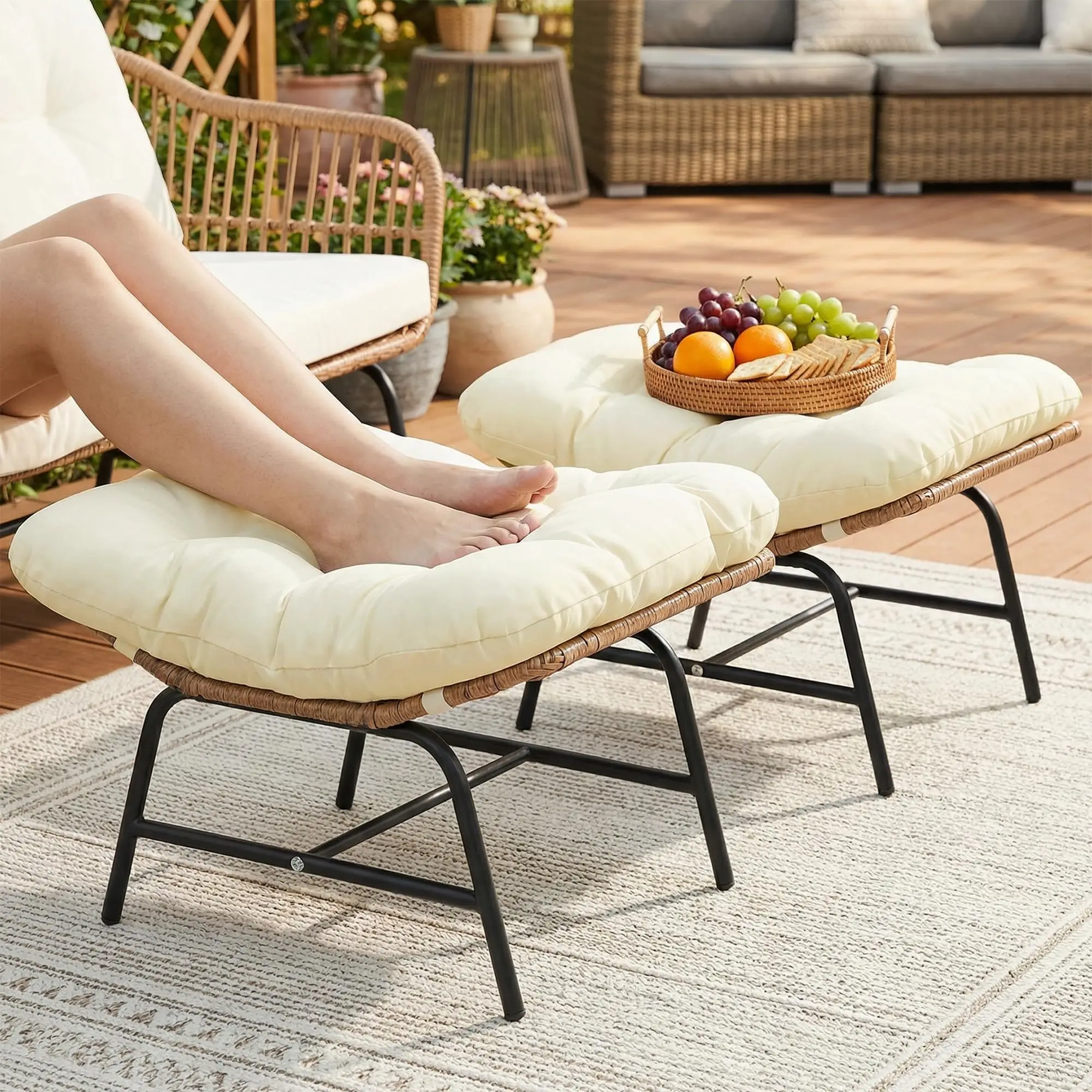 Indoor Outdoor Ottoman Set of 2, Large Wide Double Patio Footstool, PE Rattan Thicken Cushioned Footrest, All-Weather