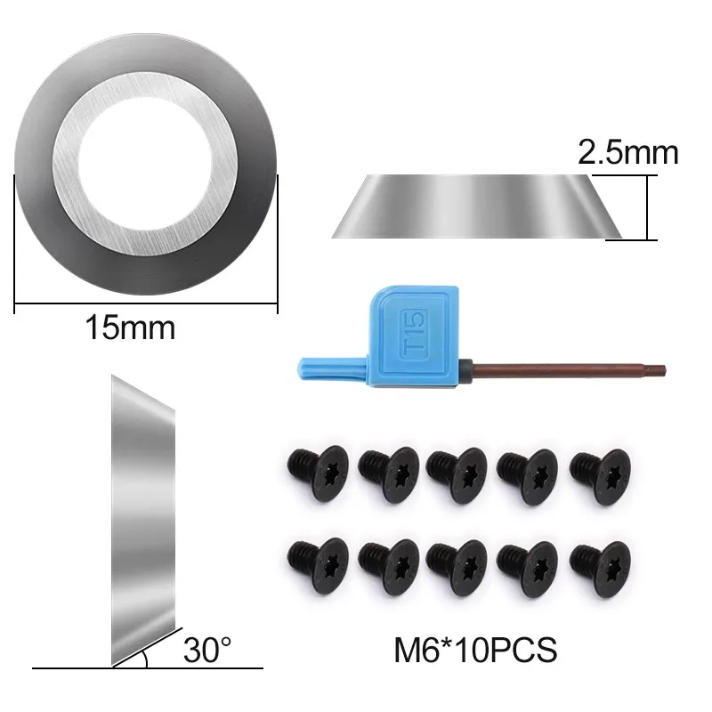 XCAN Round Carbide Insert Cutter 10pcs 15mm(3/5\'\') x2.5mm 30 Degress Cutter for Wood Lathe Turning Hollower Tool 12x2.5mm 30D