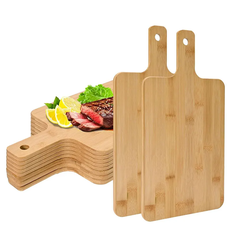 Bambus-Holz-Servierbrett für Pizza, Brot, Steak, Küche, Schneidebretter, rechteckiges Gemüse- und Obst-Schneidebrett mit Griff