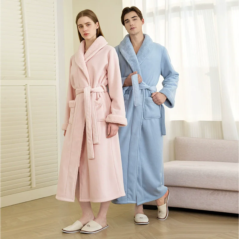 

Thicken Warm Flannel Men Long Robe Couple Bathrobe Kimono Gown Winter New Coral Fleece Sleepwear Home Clothing Loungewear