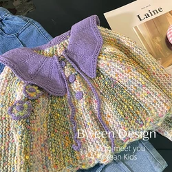 Children's Autumn Knitted Sweater  Colorful Big Polo Collar Knitted Sweater for Girls' Autumn Warmth