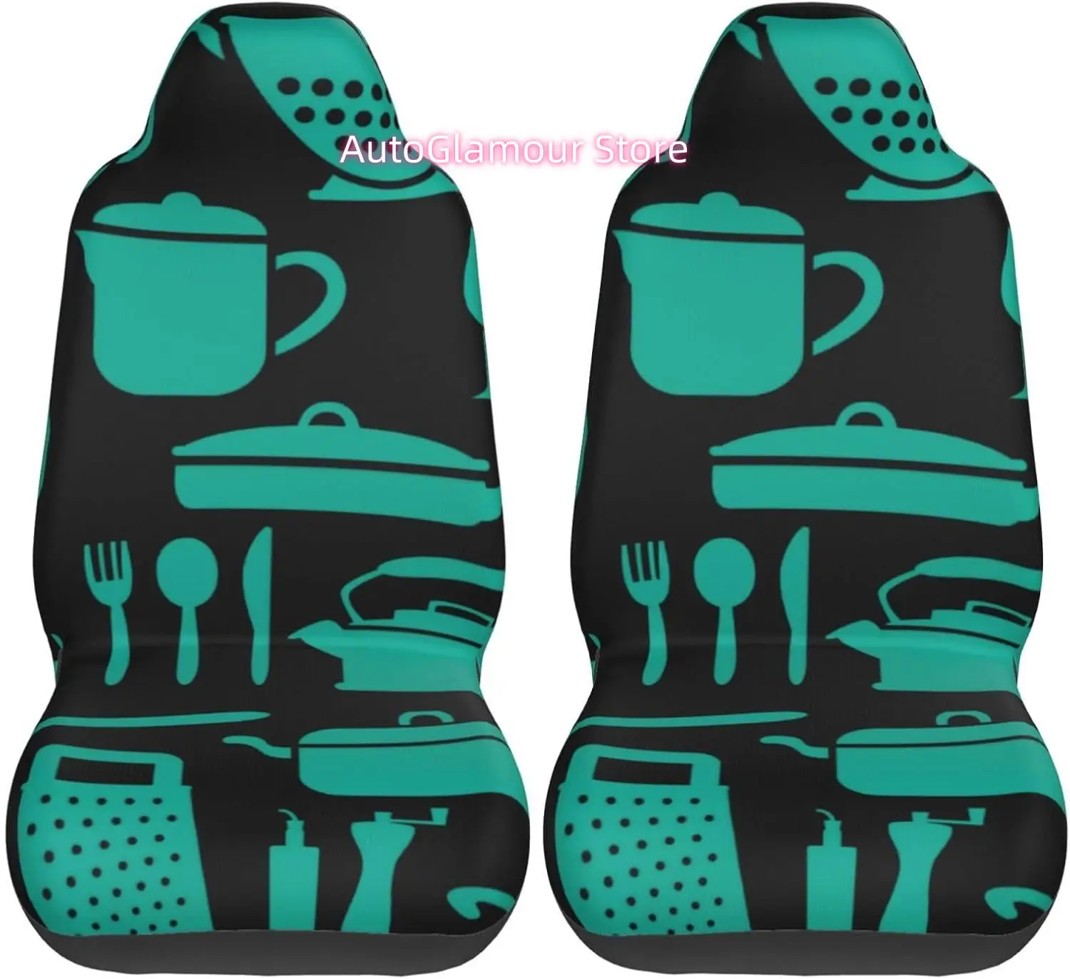 Trendy Teal Kitchen Theme 2-Piece   Seat Cover Complete Set - Elastic Seat Protection Cover for Cars, Trucks, Suvs,