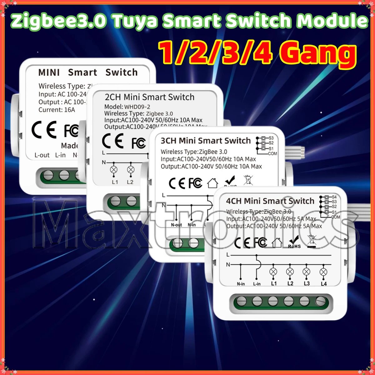 

Модуль умного выключателя Tuya Zigbee3.0 2026 года, 1/2/3/4-канальный, для Smart Life, Alexa, Google Home, Яндекс, с функцией задержки отключения для освещения, 100-240В