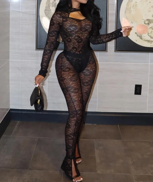 

Women's Sexy Two-piece Summer Fashion Lace Hollow Long Sleeve Bodysuit and Slit Pants Casual Tight Fit Set Street Tendsetter