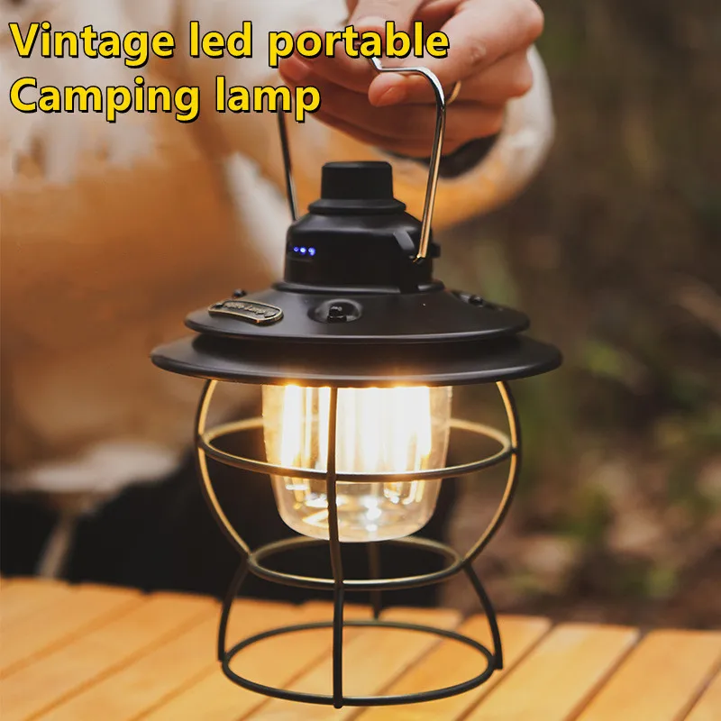 

Portable Retro Camping Lantern Led Camp Light USB Rechargeable Travel Tent Light Flashlight Outdoor Hanging Lantern