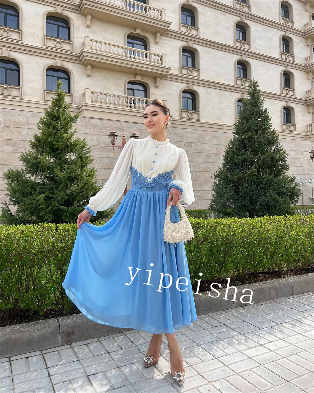 Jiayigong-vestido Midi de gasa con botones de perlas para quinceañera, joya de línea A, a medida, para ocasiones, Arabia Saudita