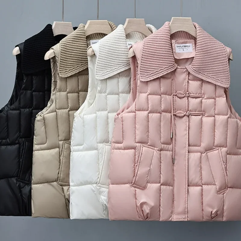 Cotton Vest Women Winter New Standing Collar Chinese Style Pan Button Knitted Lapel Collar Sleeveless Jacket Female Waistcoat