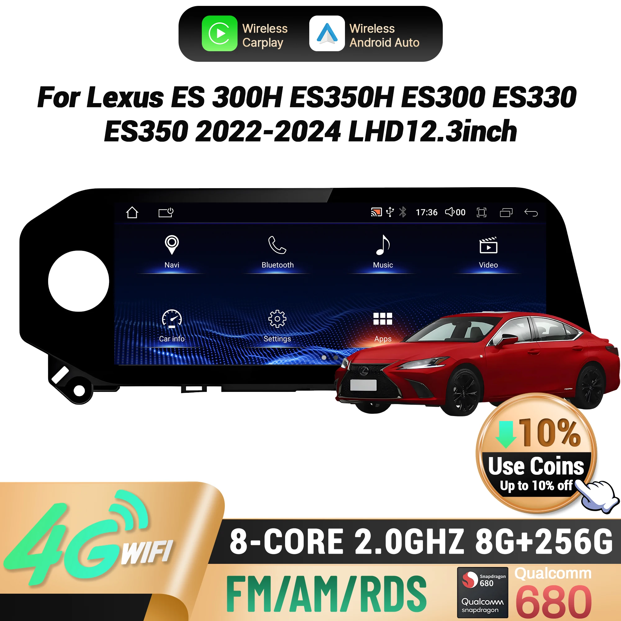 

12.3"LHD For Lexus ES 300H ES350H ES300 ES330 ES350 2022-2024 Car Radio Wireless CarPlay Multimedia Snapdragon 680 Screen