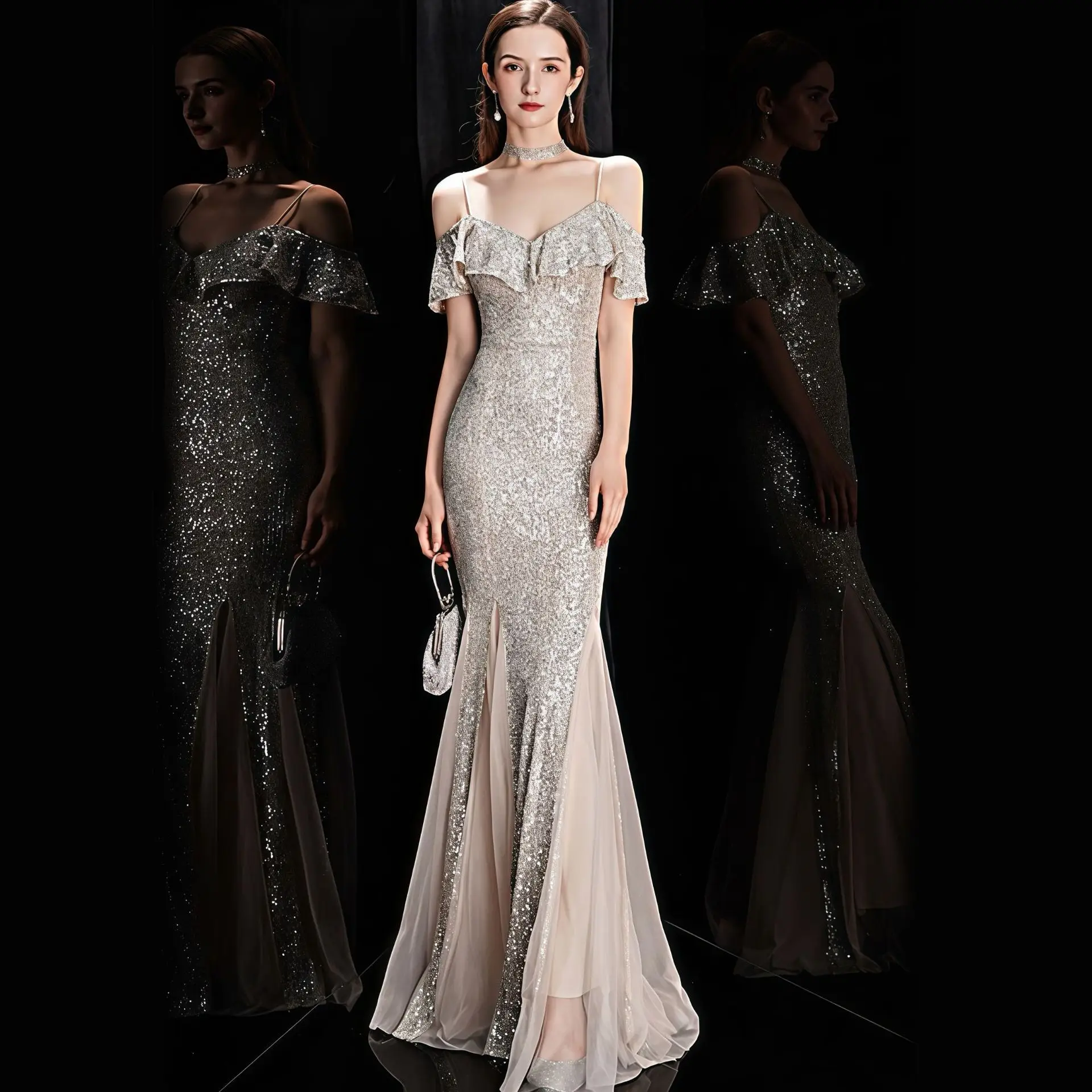 

Evening Dress Women's Elegant Ladies Banquet Host High-End Strap Fishtail Long Dress