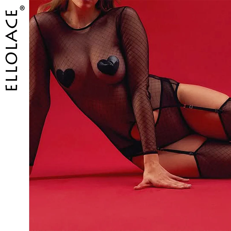 

Ellolace Seductive Hot Hot Lingerie Sissy See Through Long Sleeve Bra Thong 2PC with Stockings Erotic Body Women's Underwear