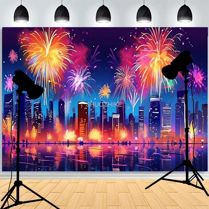 

Beautiful Firework Show Cityscape Night Photography Backdrops Happy New Year Christmas Day Family Party Photo Background XH-06