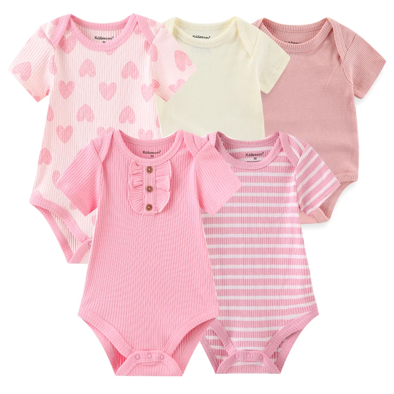 New Born Bodysuits Unisex 5Pieces Baby Girl Clothes Solid Color Cotton Baby Boy Clothes Set Cartoon Print Summer Bebes