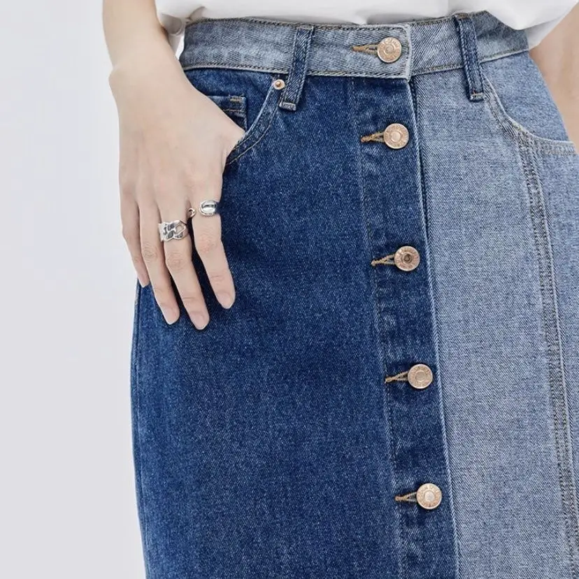 Ladies Contrast Split Denim Skirt Women Casual Split Hem Jeans Large Hem Half Length Skirts Fashion Streetwear Clothes VA1287