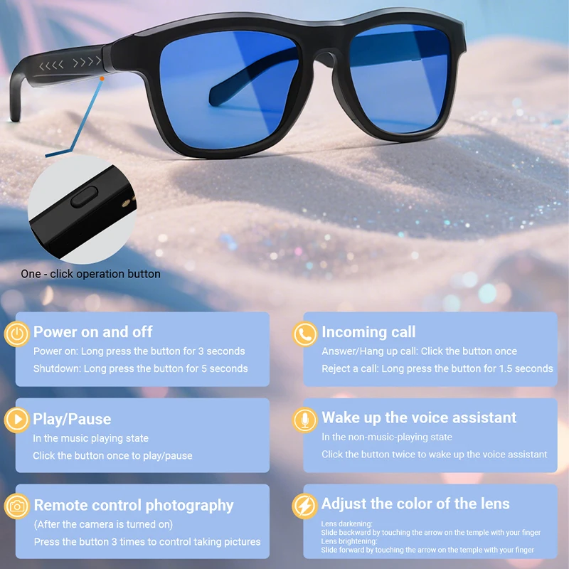 اللمس التلقائي تغيير اللون يعتم بلوتوث 5.4 مساعد الصوت AI الذكية الترجمة نظارات الموسيقى الرجال حماية UV400