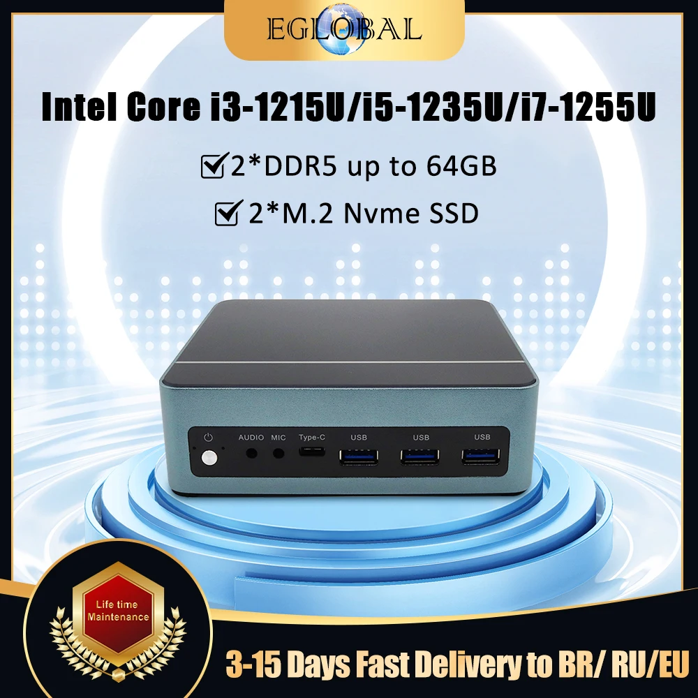 Eglobal-mini pc intel 12ª geração, i3-1215u, i5-1235u, i7-1255u, win10/11, linux, 16 go, 32 go, ddr5, 500 go, nvme, ssd, wi-fi, computador desktop