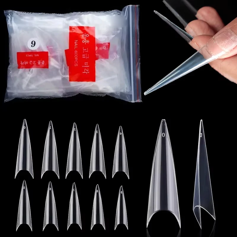 600 Transparent Natural Press-On Nail Tips, Pointed False Nails, Acrylic Full Coverage Artificial Nails, Handmade Nail Extension Tools