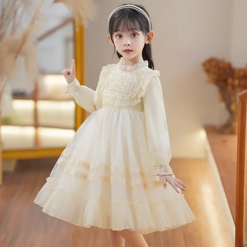 

Spring Autumn Casual Wear Ball Gown Dresses Children's Dress Cute Clothing For Flower Girls White Pink Long Sleeve Embroidered