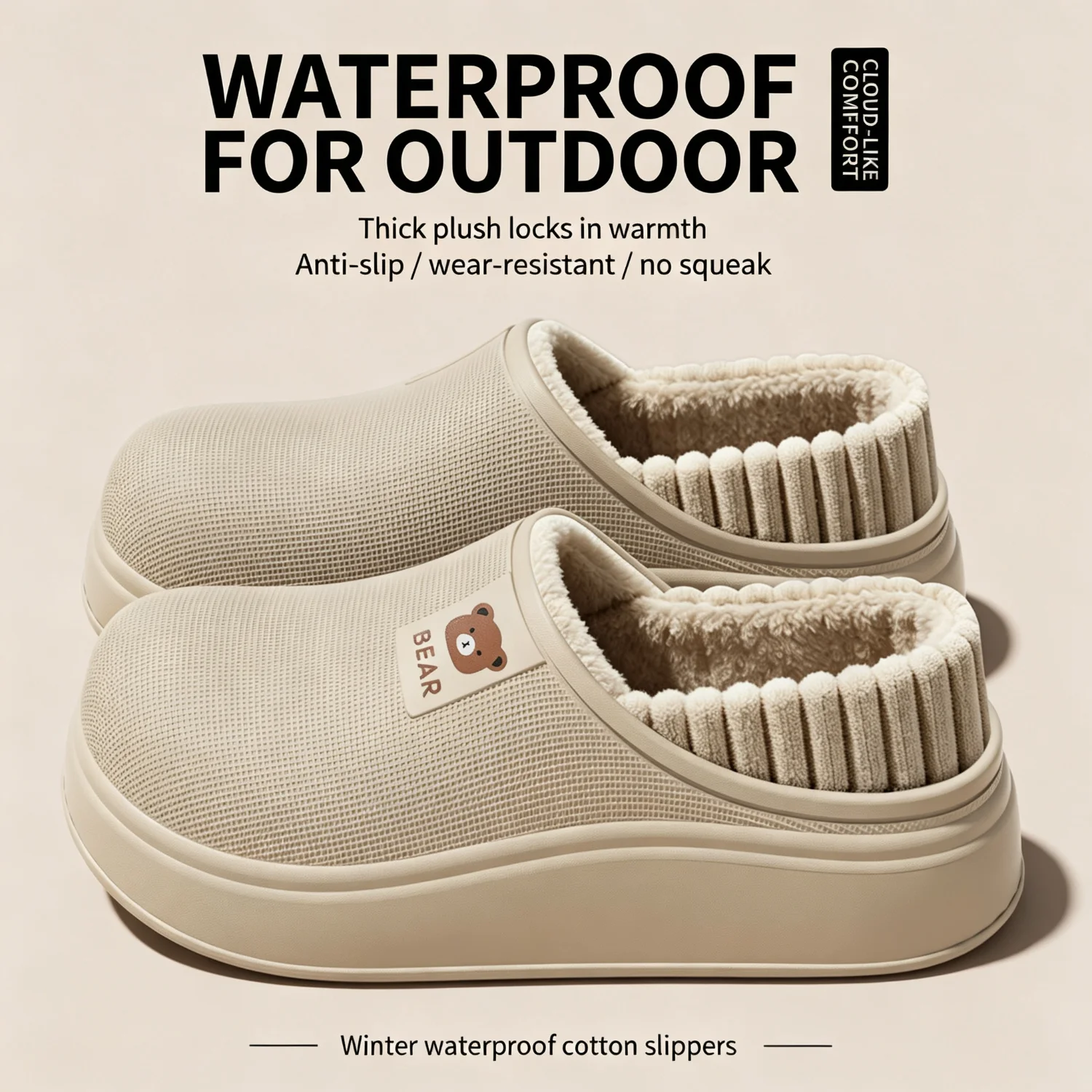 Wasserdichte Winter-Hausschuhe für Damen und Herren, 4 cm dicke Sohle, flauschig warm, für den Innenbereich, rutschfest, mit Fell gefüttert, weiche, gepolsterte Clogs. – Detail 3