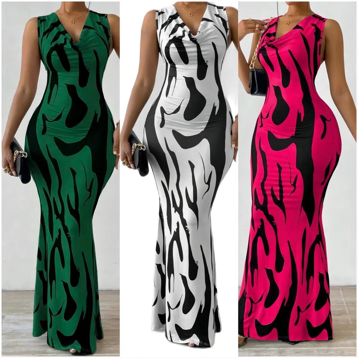 

Women Print Dress Sleeveless Splice Slim Fit Long Dresses Midi Waist Wrap Hip Vestidos Elegant Office Lady Summer 2024