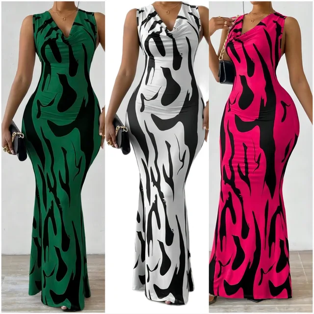 Damska sukienka z nadrukiem bez rękawów Splice Slim Fit długie sukienki Midi wiązanie w talii Hip Vestidos elegancka biurowa dama lato 2024