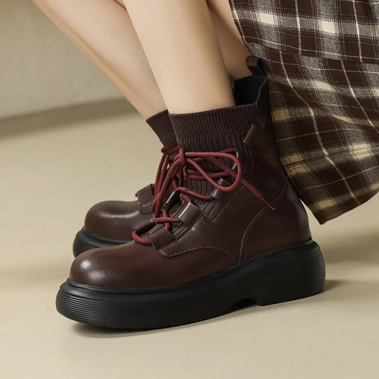 

Brown Genuine Leather Women Short Boots Platform Thick Bottom Riding Botas Cross Strap Motorcycle Botines Femmes Black Zapatos