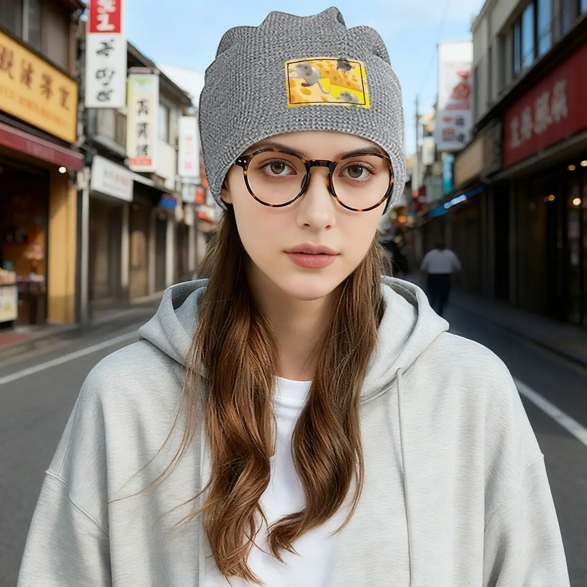 Rats Mouse Animal Cheese Waffle Knit Fleece Lined Beanie with PU Leather Patch Unisex Warm Winter Soft Cap