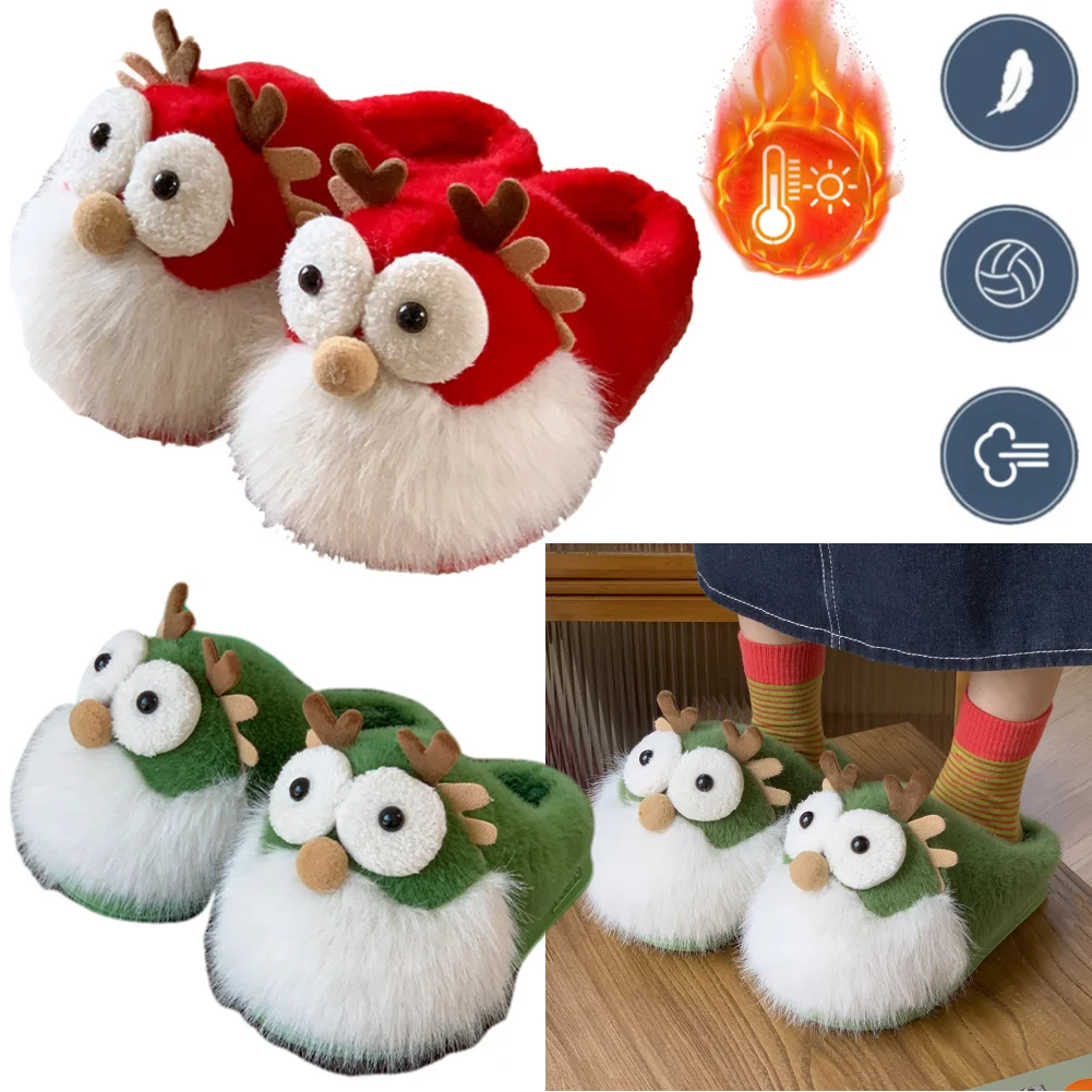 Plush Cartoon Dragon Slippers Flat Thermal Slippers Breathable Fluffy Home Slippers Furry Closed Toe Slippers for Indoor Bedroom