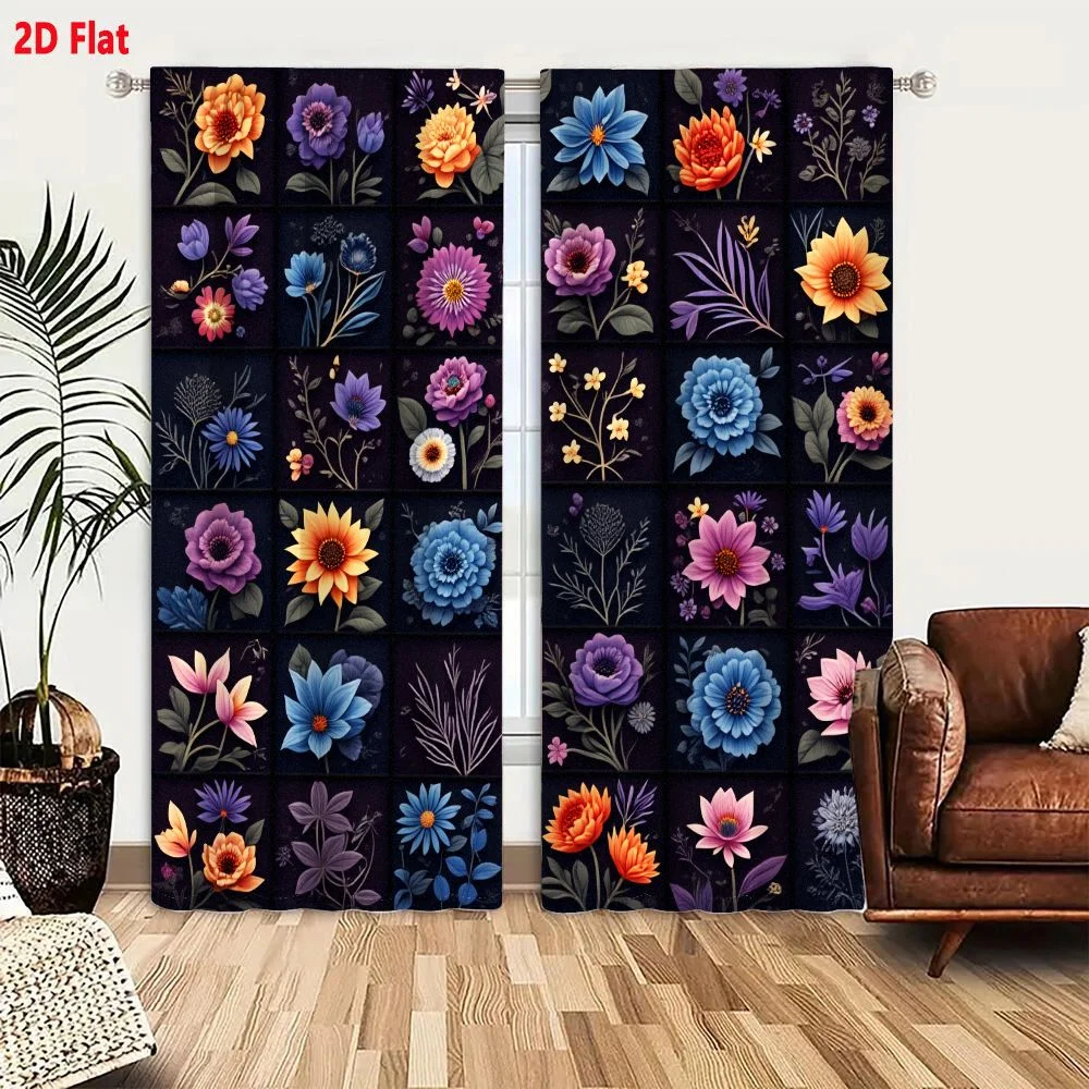 2Pcs Curtains 2D Flat Vibrant Floral Grid 30 Square Panels Roses Sunflowers Daisies Peonies Wildflowers Deep Purple Blue Orange
