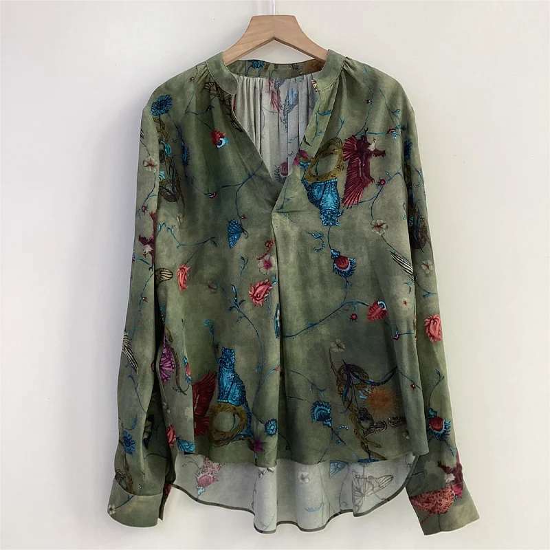 Zadig Fashion Blouses Top Woman Dark Green Casual Shirt Tops Female Butterfly Print Design Blouses Elegant V-Neck Fashion Shirts