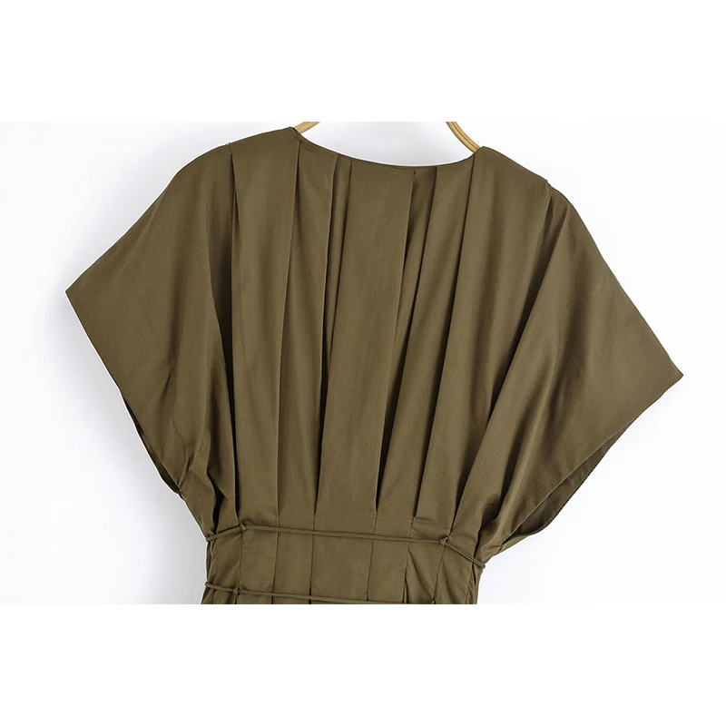 YENKYE レディース プリーツ Aライン ミディ丈ワンピース 半袖 Vネック ベルト付き サマードレス 2025 オフィスレディー 通勤 ストリート ワンピース