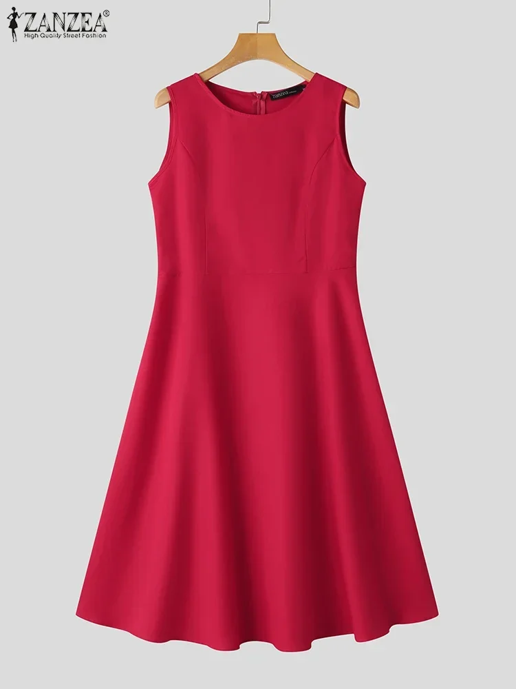 ZANZEA Women Sleeveless Summer Dress 2025 Solid A-line Tank Vestidos Elegant Collect Waist Midi Dresses Vintage Party Robe Femme