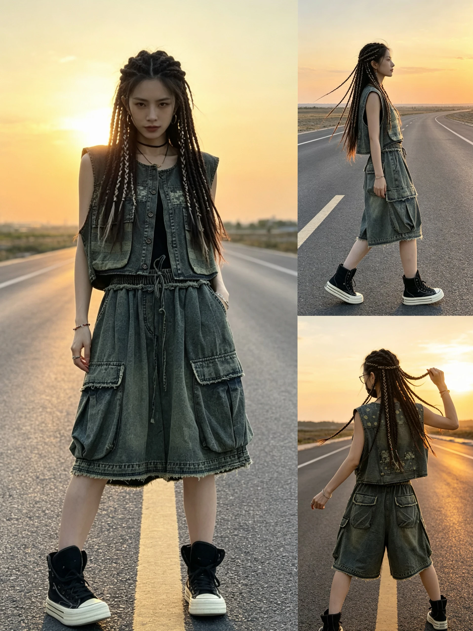 

Retro Patchwork Print Denim Vest And Five-Point Pants Women's Loose Casual Personality Set Vintage Style Worn Resistant Daily...