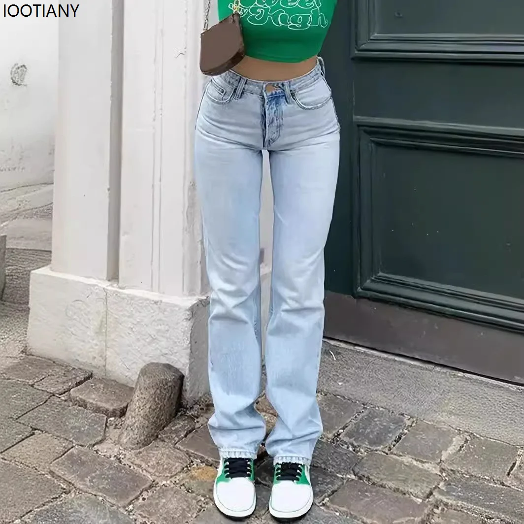 Dames gewassen jeans Lichtgekleurd Middelhoge taille Casual Broek met rechte pijpen Zakken Los Verontrust Effen Kleur Basisstijl Retro 2025