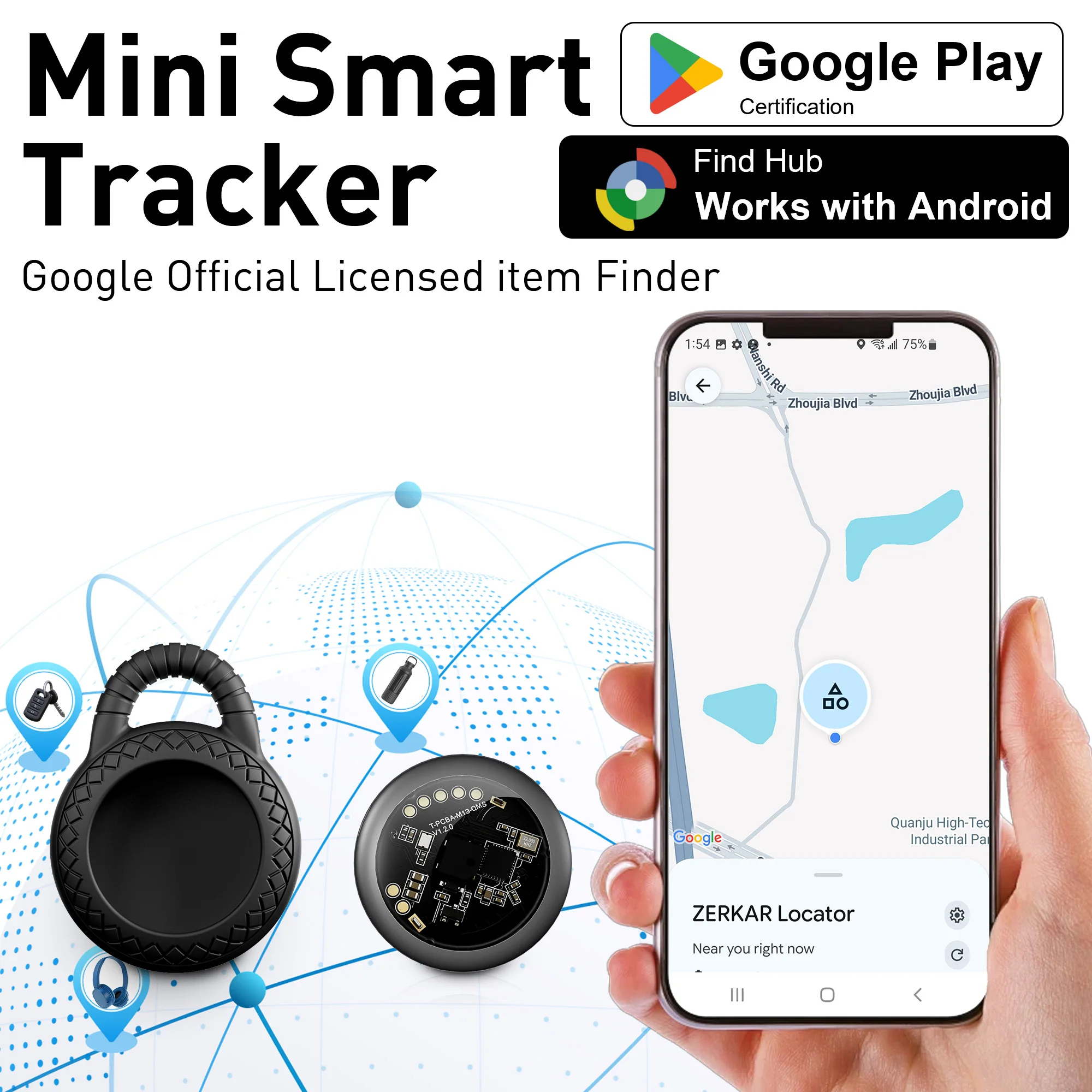 Android Play Certified Smart Tag for Android Bluetooth Tracker Google Find Hub Anti-Lost Locator with Left-Behind Alert & Play