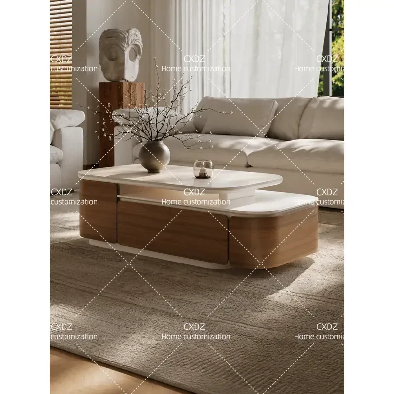Retractable Coffee Table Living Room Simple High End Square Solid Wood Light Luxury Cave Stone Slab Table