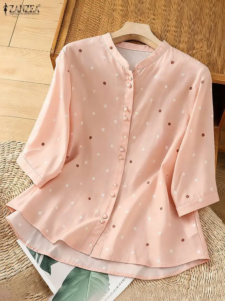 

ZANZEA Polka Dot Print Women's Shirts 2025 Fashion 3/4 Sleeve Casual Elegant Office Lady Tunic Tops Buttons Loose Vintage Blusas