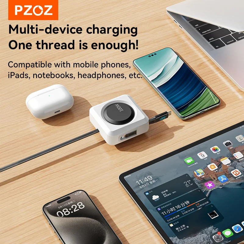 PZOZ Digital Display PD 100W C-C Retractable Cable Type C to Type C Lightning Micro Fast Charging Cable Data Wire For iPhone 16