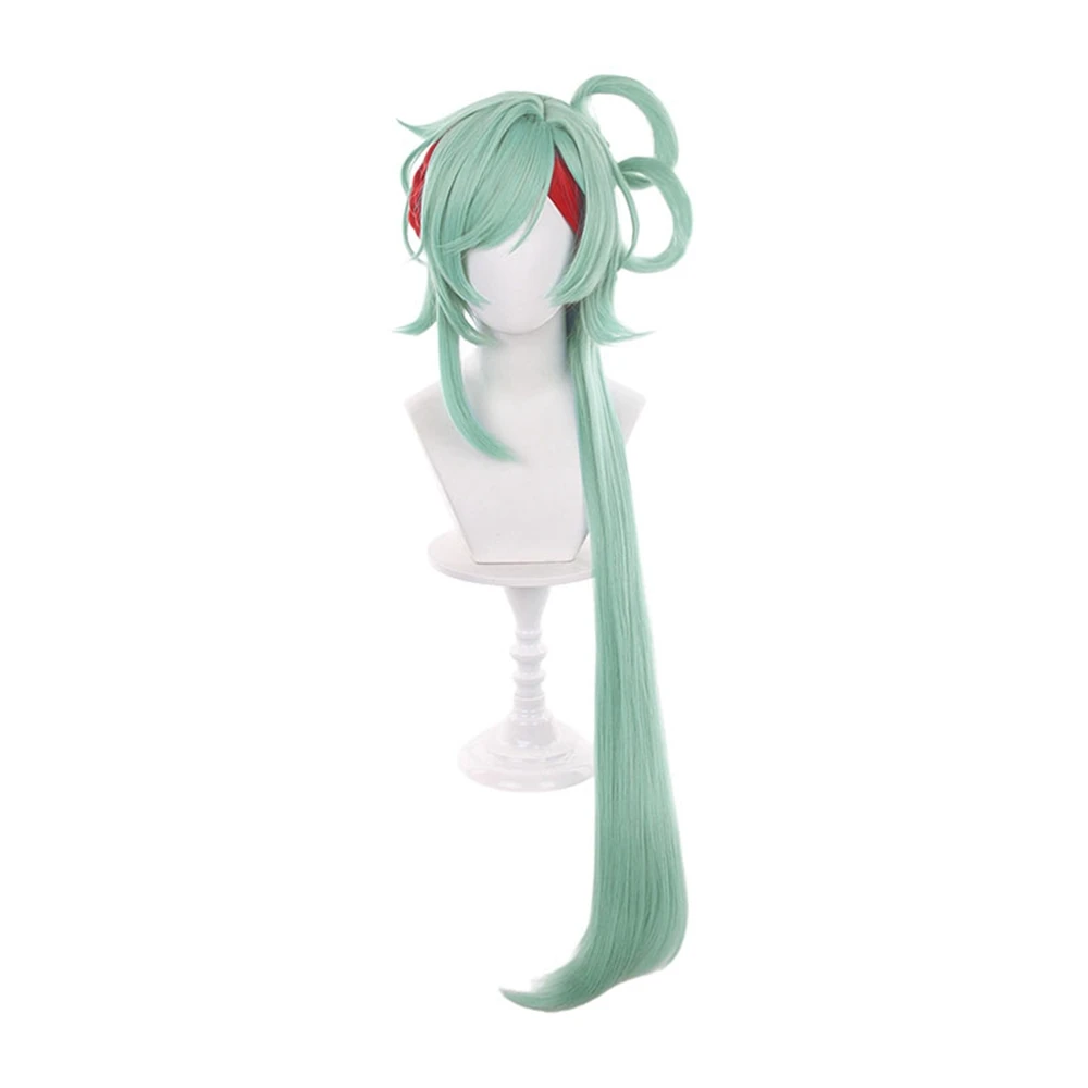 Mint Green Long Cosplay Wig Heat Resistant Synthetic Hair High Ponytail Red Ribbon Ahoge for Anime Game Party Costume Prop