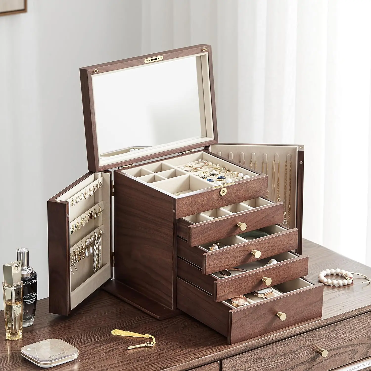 Black Walnut Wooden Jewelry Box, 5-Layer Solid Wood Jewelry Organizer with 2 Side Doors Mirror Lockable Classical Style