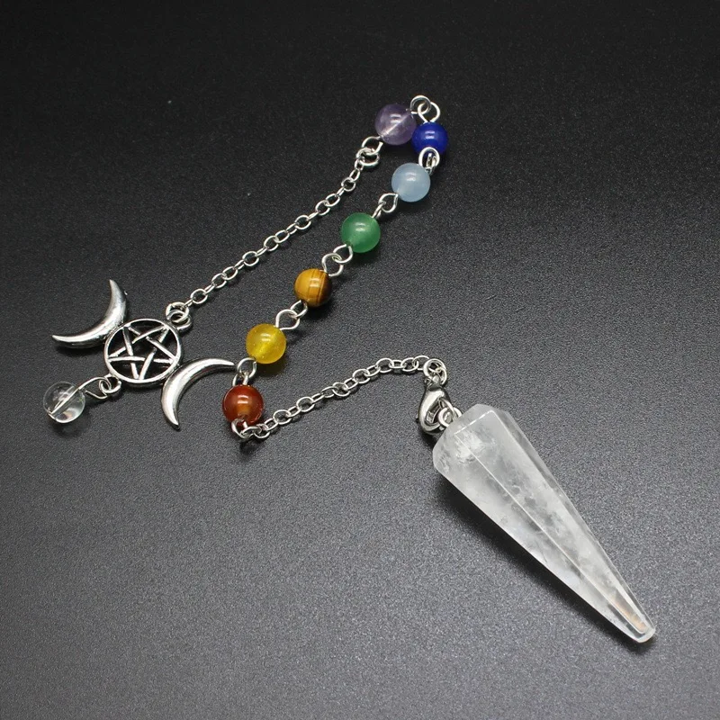 Natural Stone Crystal Pendulums Hexagonal 7 Chakra Pendant Pendulum for Dowsing Healing Triple Goddess Witch Pendulos X008