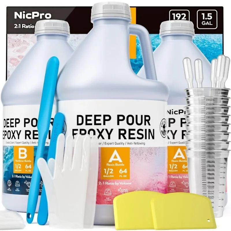 

Deep Pour Epoxy Resin Kit 1.5 Gallon for River Table Wood Filler Bar Top Coating High Gloss Clear Self Leveling 2 1
