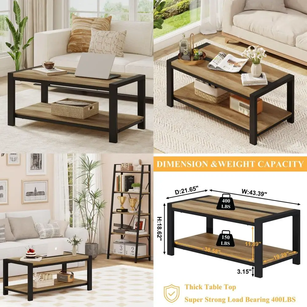 

Винтажный дубовый прямоугольный журнальный столик для фермерского дома, деревянная и металлическая мебель для гостиной, небольшой центральный столик для домашнего офиса