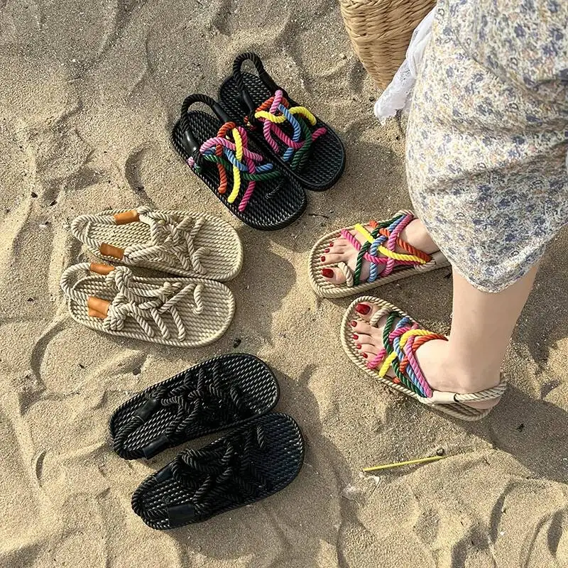 

2026 Summer New Women Flat Woven Sandals Bohemian Roman Style Casual Beach Outdoor Comfortable Soft Sole Female Slippers Shoes