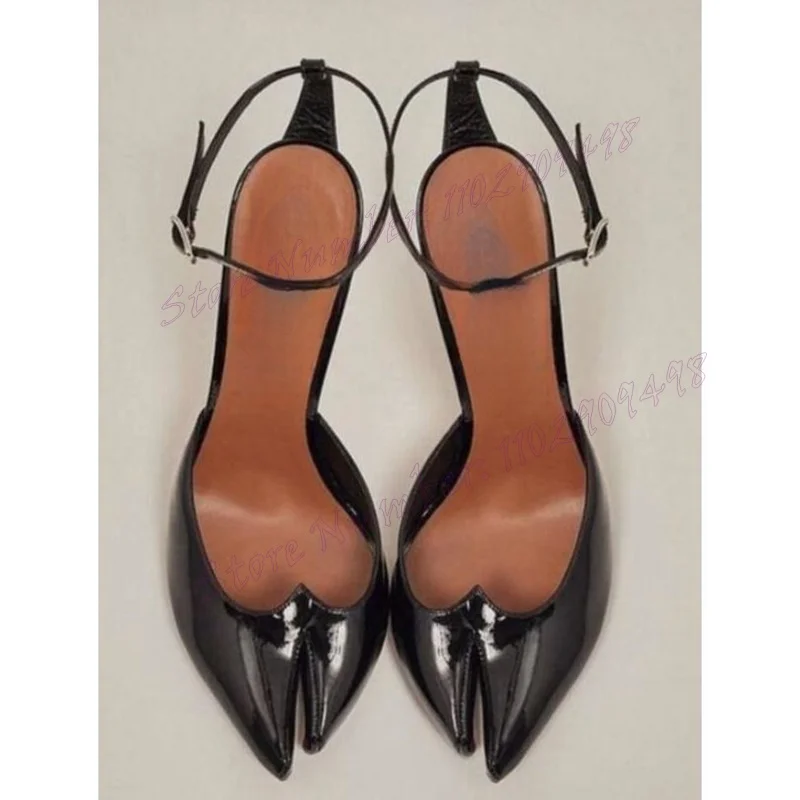 

Black Split Toe Back Strap Pumps Pointed Toe Shoes for Women Patent Leather Sexy Lady Luxury Shoes 2023 Zapatos Para Mujere