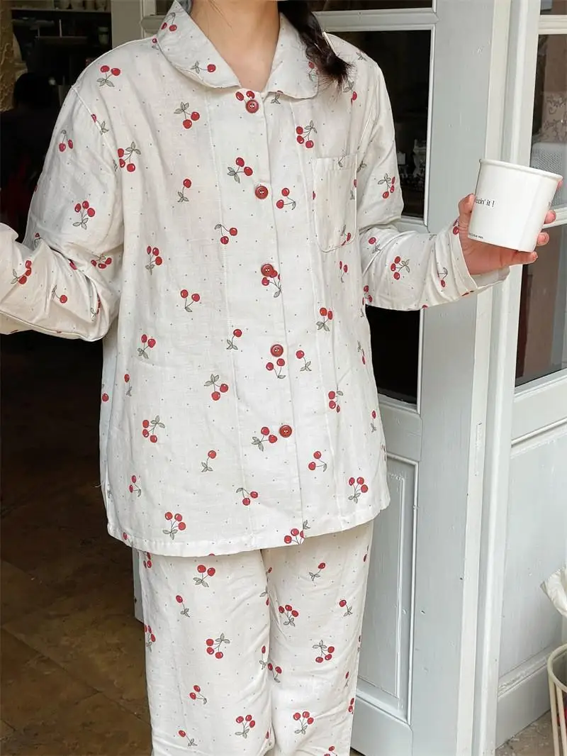 

Sweet Cherry Print Loose Sleepwear Pure Cotton Breathable Home Clothes Set for Girls Cute Cartoon Style Long Sleeve Button Front