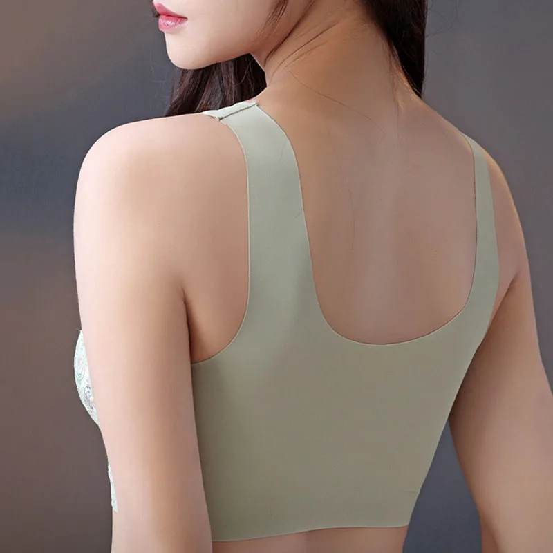 Large Size Ice Silk Women Underwear Seamless Beautiful Back Lace Bra Integrated Top Thin Section Big Chest Small Bras Vest Style