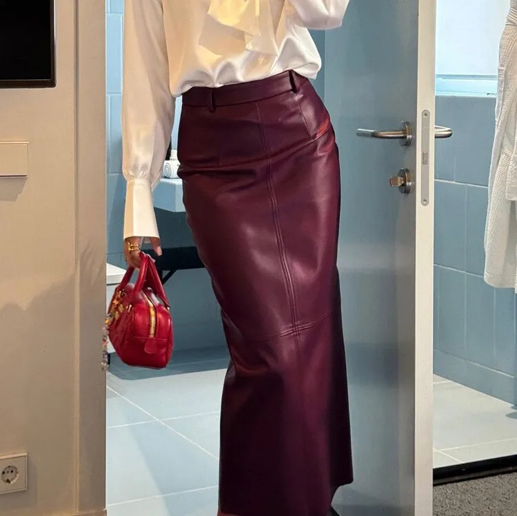 Long PU Leather Skirt Wine Red Wrap around /Midi Skirt Cross-Border New Style Women's Fashion Spring Autumn Season